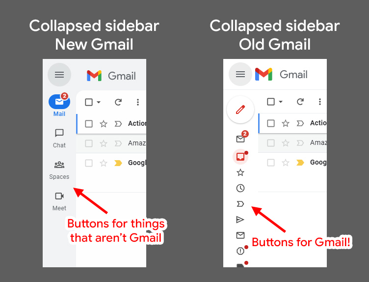 Selbst wenn Sie auf die Hamburger-Schaltfläche klicken, zeigt das neue Google Mail weiterhin die App-Leiste an.  Das alte Layout zeigt, selbst wenn es minimiert wird, immer noch ein Symbol für jeden Gmail-Bereich an.