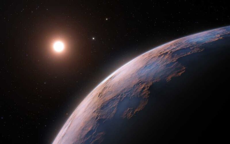 Künstlerische Darstellung eines erdähnlichen Planeten in einem nahegelegenen Sternensystem.