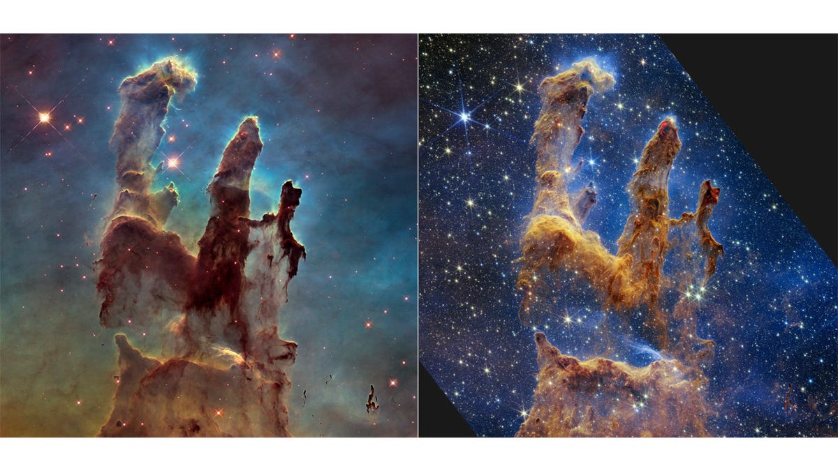 Die Säulen der Schöpfung aus Sicht des Hubble-Teleskops (links) und des Webb-Teleskops (rechts)