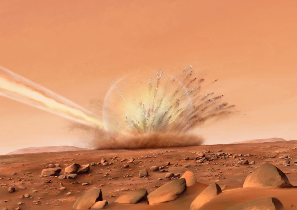 Große Felsbrocken, die auf den Mars treffen, Krater, enthüllen unterirdische Merkmale
