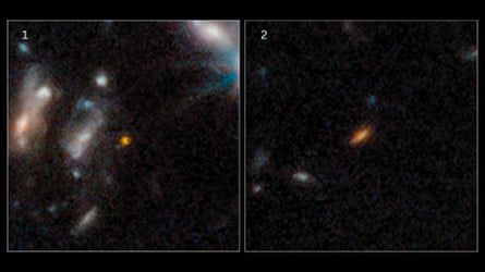 Nebeneinander liegende Bilder entfernter Galaxien, die als rötlich verschwimmende Ellipsen gegen die Schwärze des Weltraums erscheinen