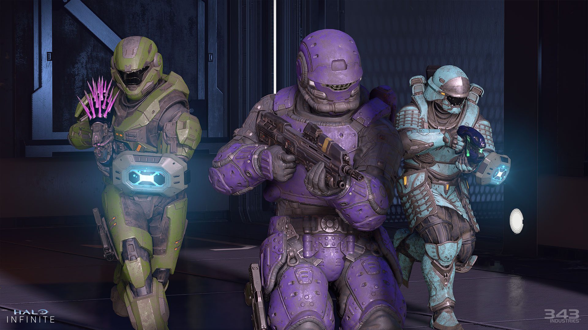 Der Screenshot von Halo Infinite zeigt spartanische Multicore-Rüstung mit Kadettenbeschichtungen