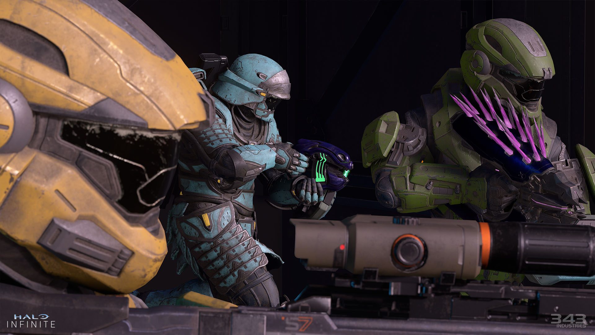 Halo Infinite Action-Screenshot mehrerer Spartan Armor-Kerne mit Cadet-Skins