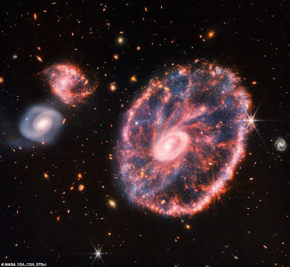 JWST hat weitere Bilder von Spiralgalaxien aufgenommen, wobei ein Bild die chaotische Cartwheel-Galaxie 489,2 Millionen Lichtjahre von der Erde entfernt zeigt.